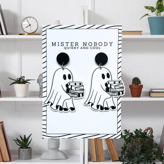 Black Ghost Carrying Books - Large Dangle Earrings