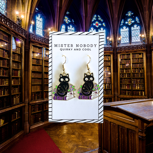 Cat Leaning On Books - Mini Dangle Earrings