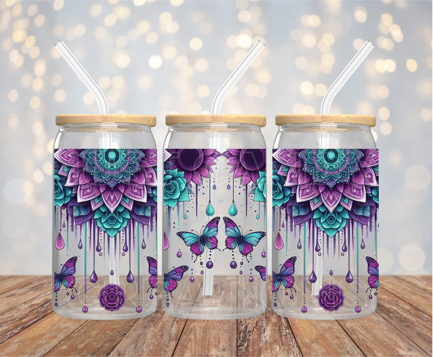 Mandala Flower Drip Butterflies - 16OZ UV DTF Wrap