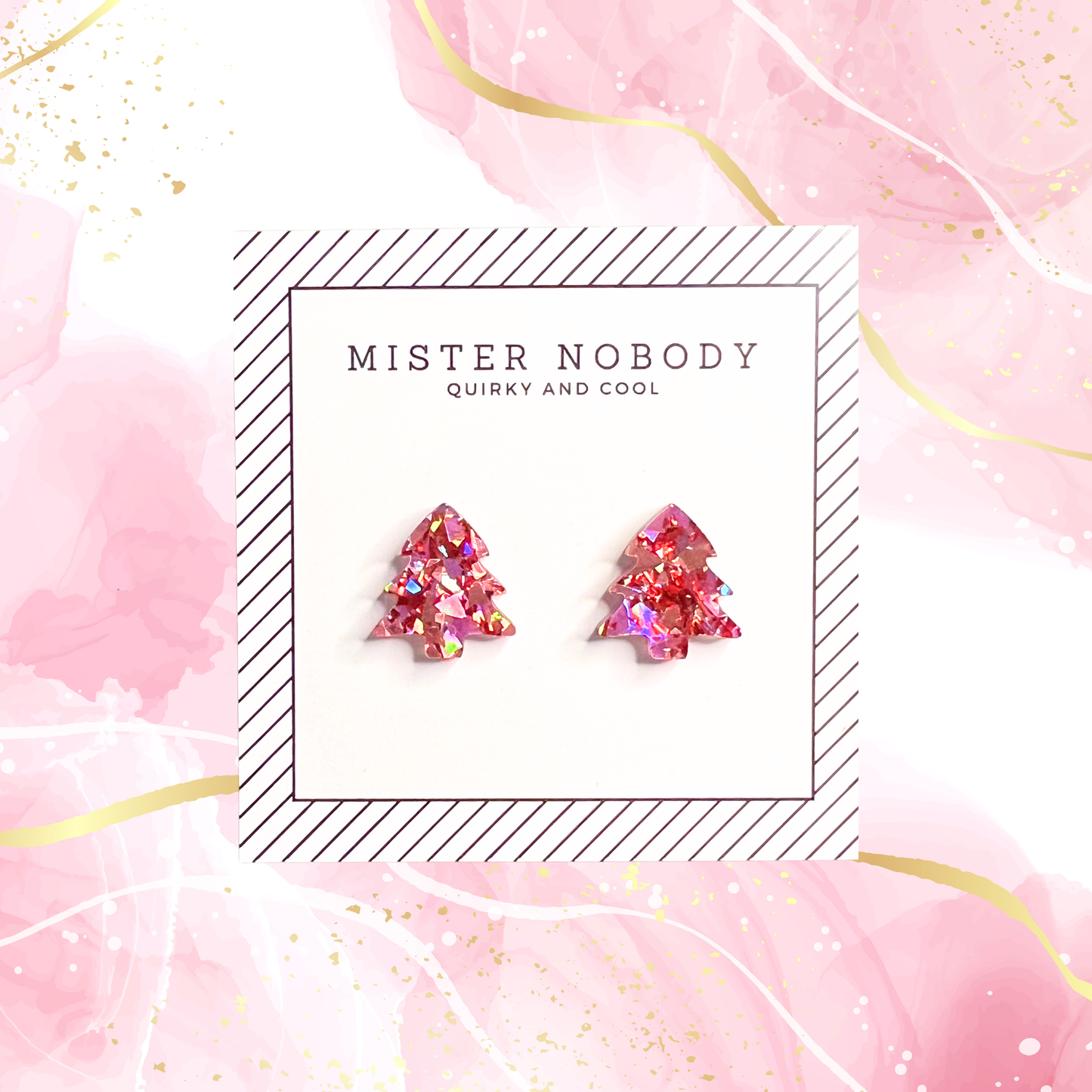 Pink & Red Glitter Christmas Tree - Stud Earrings