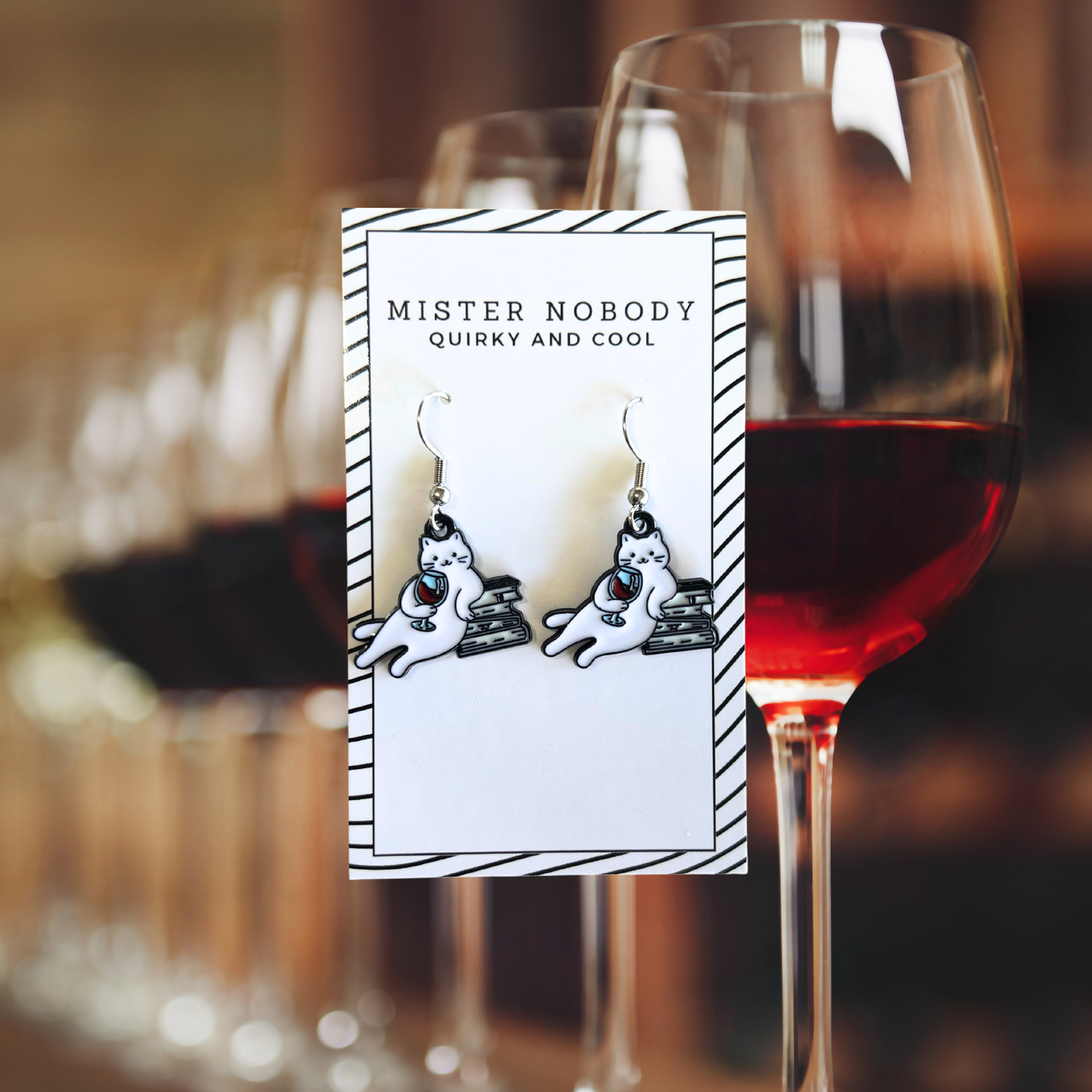 White Cat Drinking Red Wine - Mini Dangle Earrings