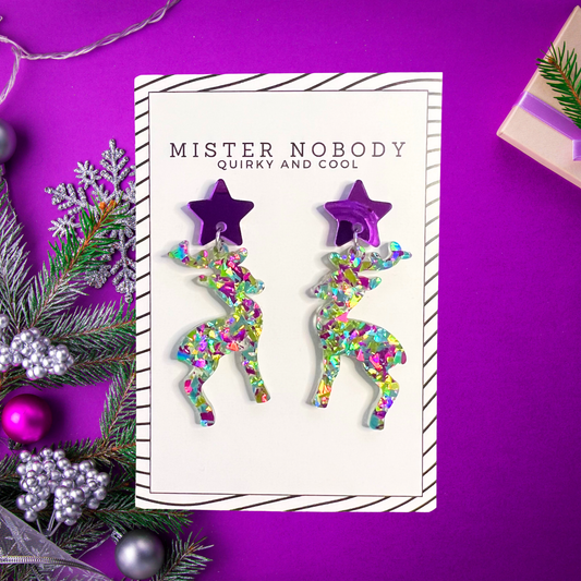 Purple & Green Reindeer - Large Dangle Earrings