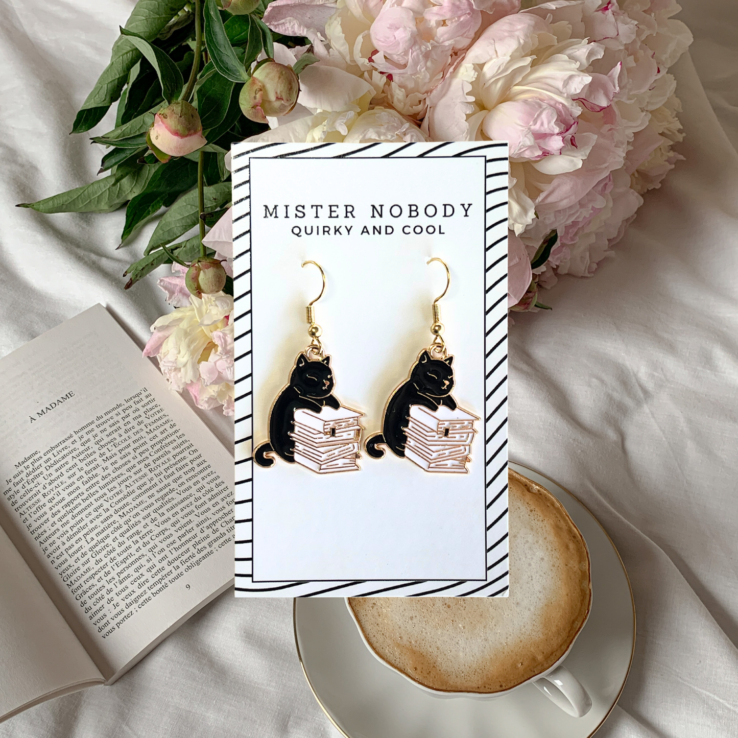 Black Cat Sitting Behind Books - Mini Dangle Earrings