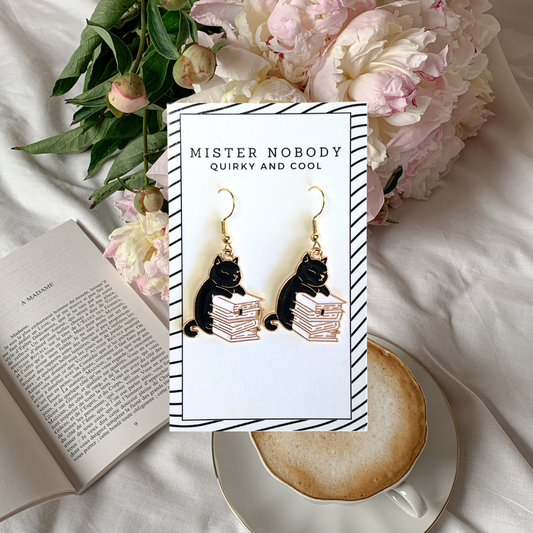 Black Cat Sitting Behind Books - Mini Dangle Earrings