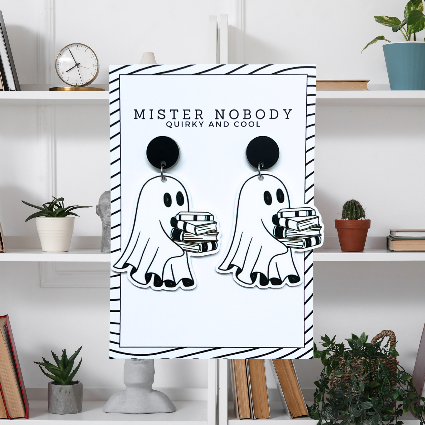 Black Ghost Carrying Books - Large Dangle Earrings