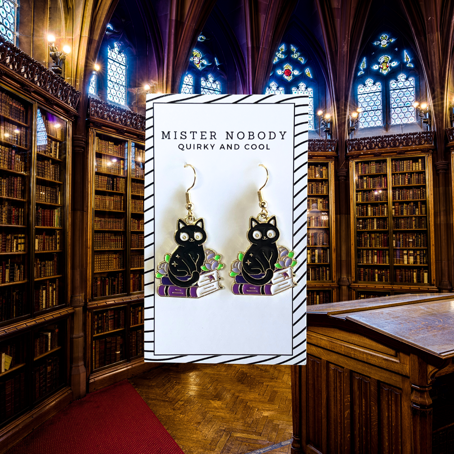 Cat Leaning On Books - Mini Dangle Earrings