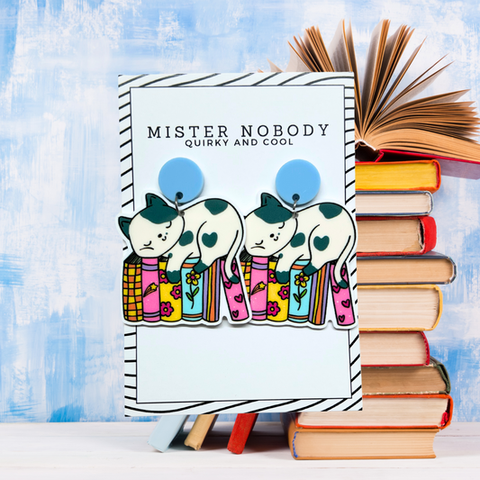 Cat Sleeping On Books - Large Dangle Earrings