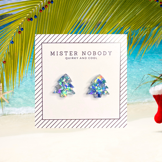 Chunky Blue & Silver Glitter Christmas Tree - Stud Earrings