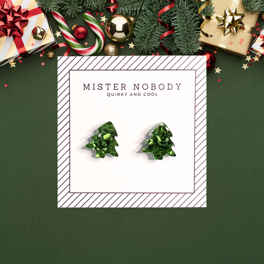 Chunky Green Glitter Christmas Tree - Stud Earrings