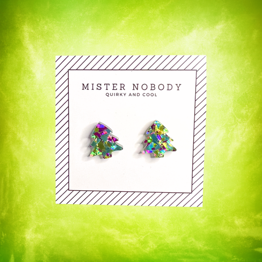 Peacock Green Glitter Christmas Tree - Stud Earrings