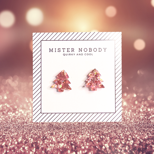 Rose Gold Glitter Christmas Tree - Stud Earrings