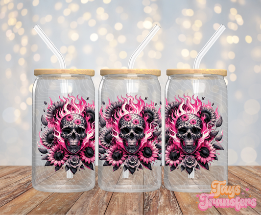 Skull Pink Flames - 16OZ UV DTF Wrap
