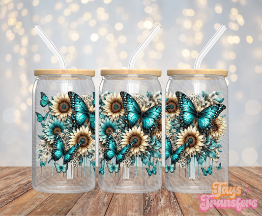 Teal Butterflies - 16OZ UV DTF Wrap
