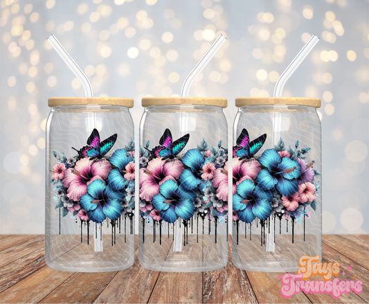 Pink & Blue Hibiscus - 16OZ UV DTF Wrap